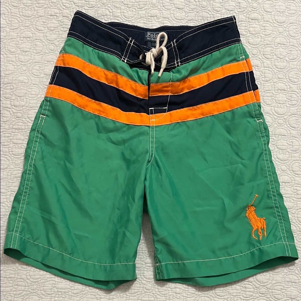 Polo by Ralph Lauren Green Swim Shorts with Navy & Orange Stripes